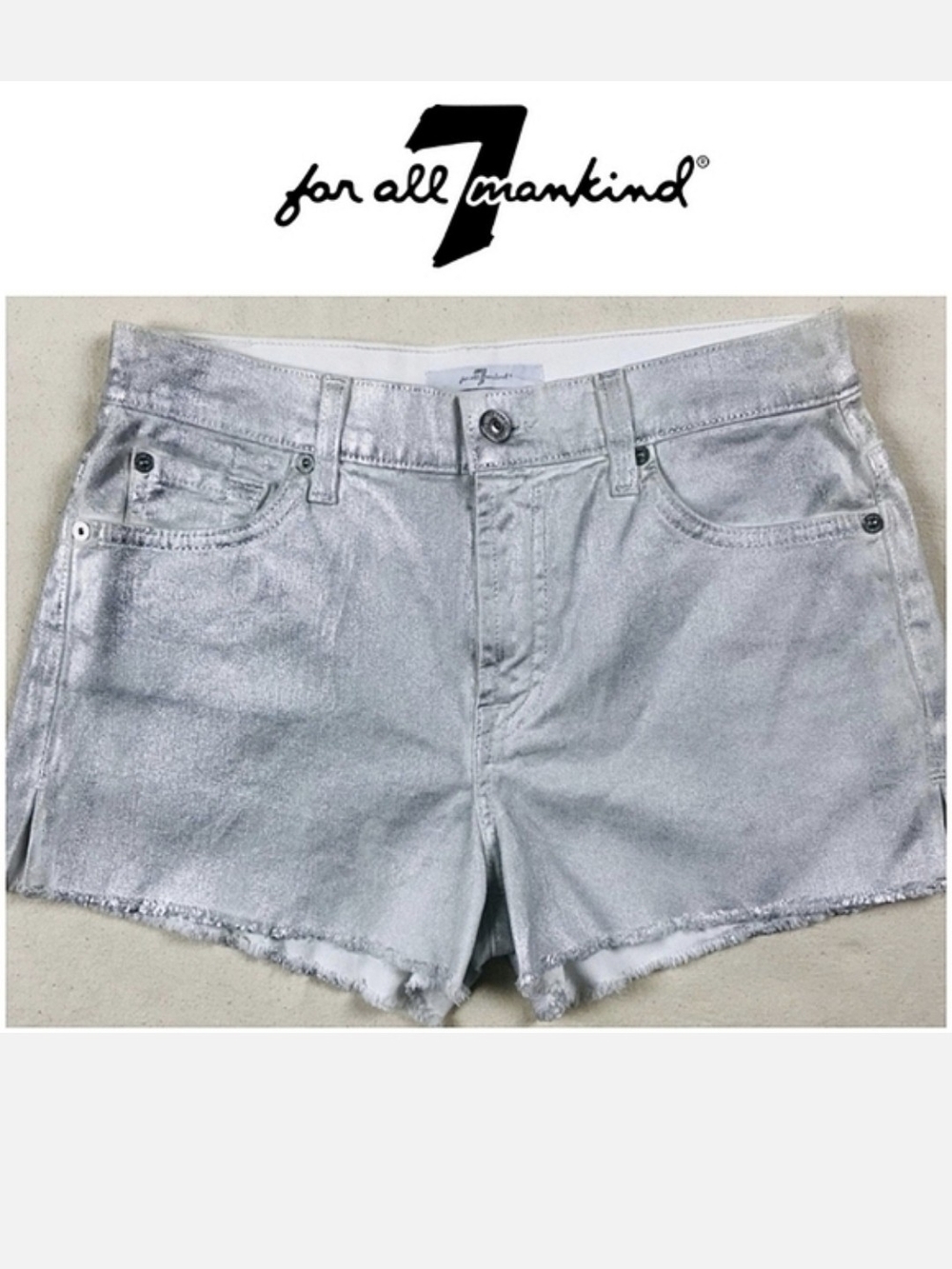 7 For All Mankind Metallic Silver Foil Cutoff Denim Shorts - Size 27 / 27P